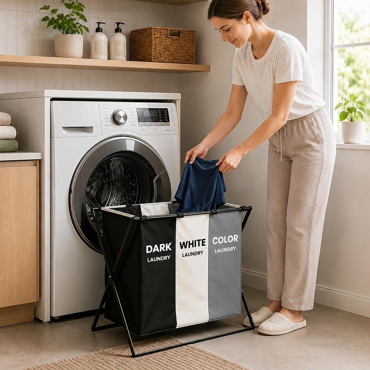 Three-Section Foldable Laundry Hamper Sorter with Listed Oxford Bags and Handles, Rectangular 3 BAG Option for Bedroom, Bathroom and College Dorm Organization