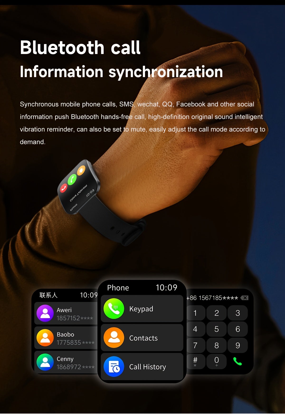 Curved Touchscreen Smart Watch, 1.85-Inch Calling Watch with Message Reminders, Multiple Sports Modes, Camera and Music Controls for iPhone and Android