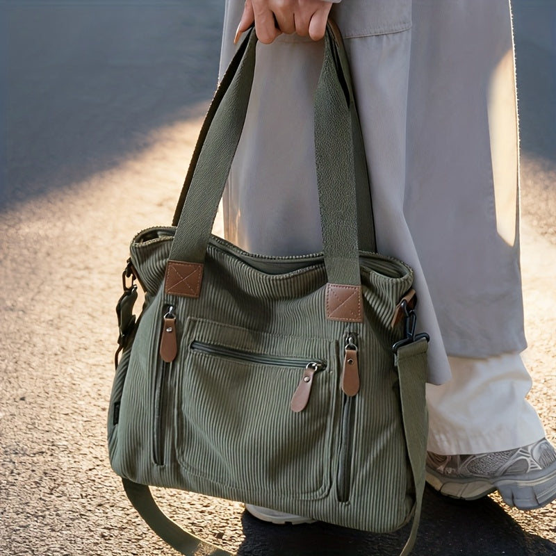 Retro Workwear Corduroy Handbag with Multiple Pockets, Women's Adjustable-Strap Shoulder and Crossbody Bag in Black, Grey or Green for Daily Commuting