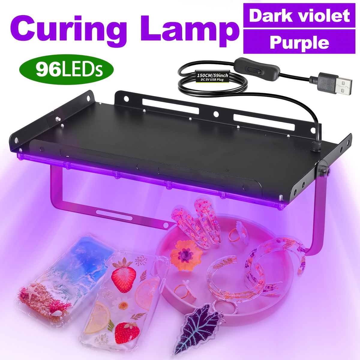 USB Resin Curing Lamp with 96 LEDs, Listed 5V Power Input, Cord and Switch in Dark Violet or Purple for Compatible Resin Jewelry, Molds and DIY Craft Projects