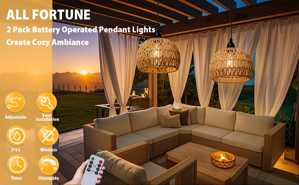 Battery Pendant Lights in a Two-Piece Woven Rattan-Style Set with Remote Control, Dimmable Warm White LED and Timer for Decorative Hanging Displays