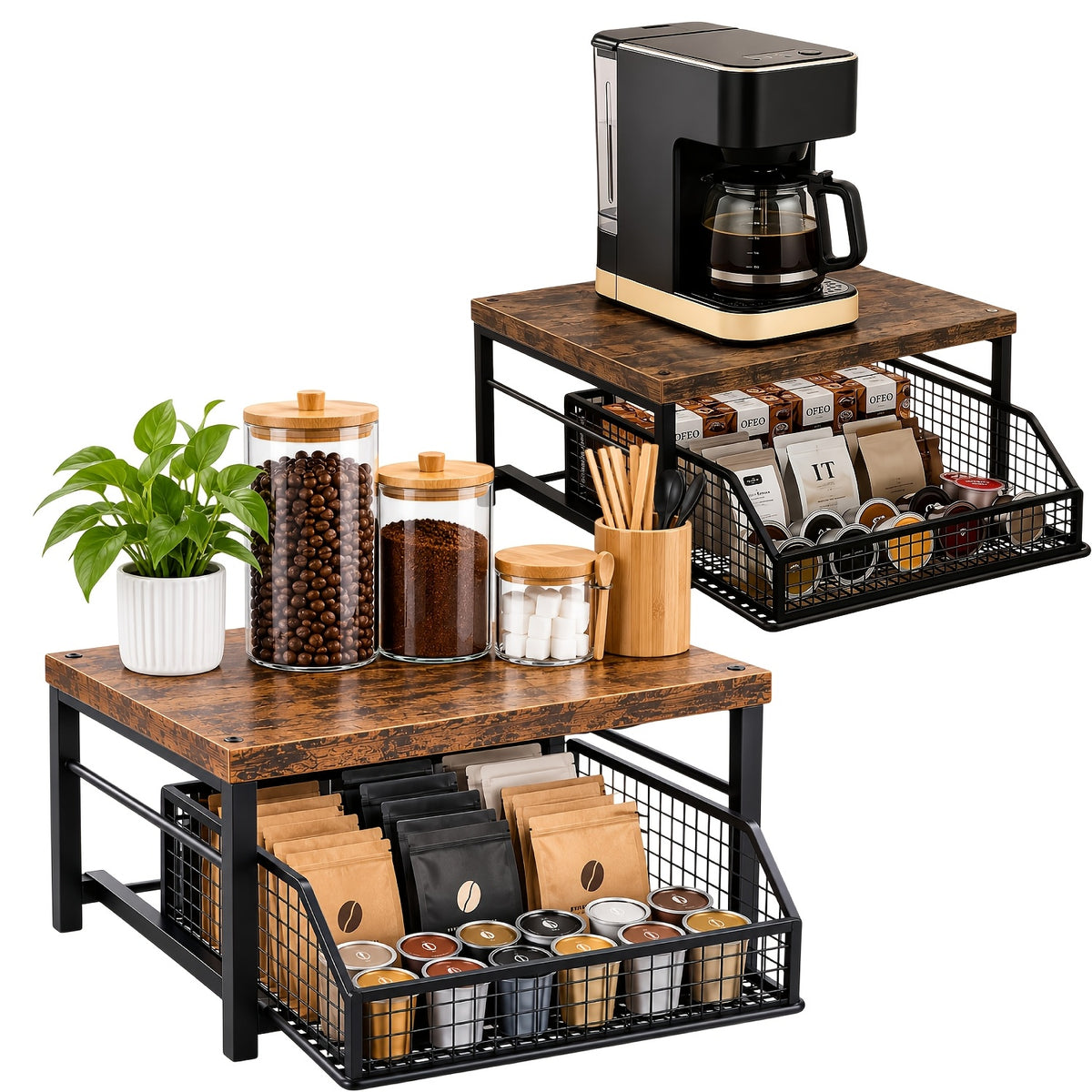 Coffee Pod Storage Drawer Stand, Modern Black Metal Countertop Shelf with Listed 70-Pod Capacity for Compatible Coffee Machines and Kitchen Accessories