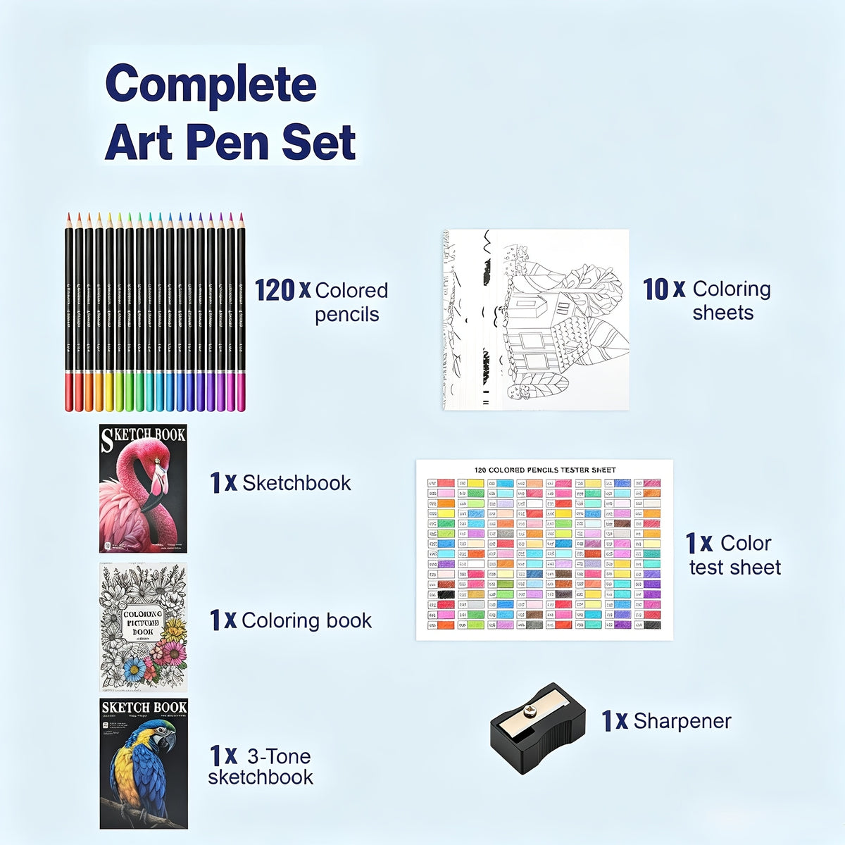Portable Drawing and Sketching Art Kit, 120-Piece Set with Listed Colored Pencils, Sketchbook, Coloring Book, Sheets and Sharpener for Adult Beginner Creativity