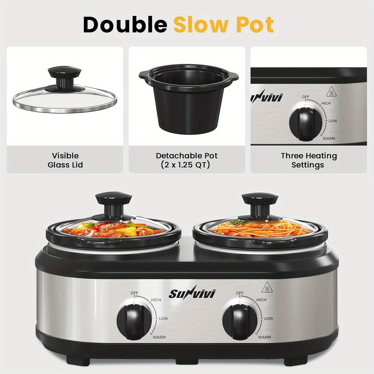 Dual Pot Slow Cooker by RoyalCraft with Two Listed 1.25QT Ceramic Pots, Adjustable Temperature Buffet Server and Warmer in Black, Silvery or Red for Home Hosting