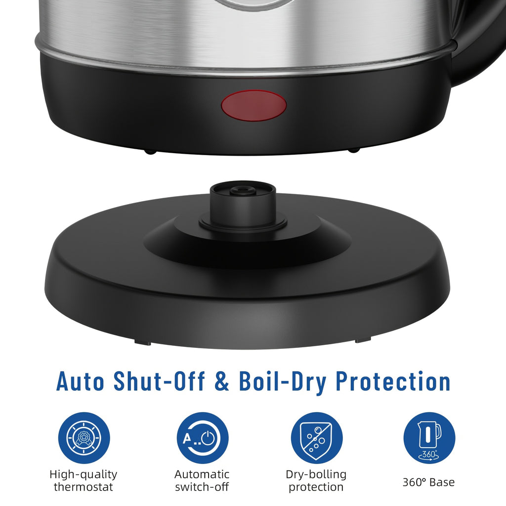 Water-Level Window Electric Kettle with Listed 1200W Power and 1.8L Capacity, Stainless Steel Model with Swivel Base, Auto Shut-Off and Boil-Dry Protection for Tea