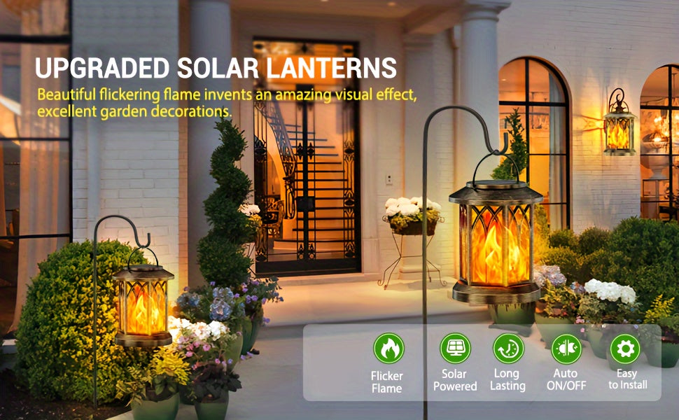 Flickering Flame Solar Hanging Lanterns, Black or Bronze 2-Pack and 4-Pack with Automatic On and Off and Listed IPX5 Rating for Garden and Patio Decor
