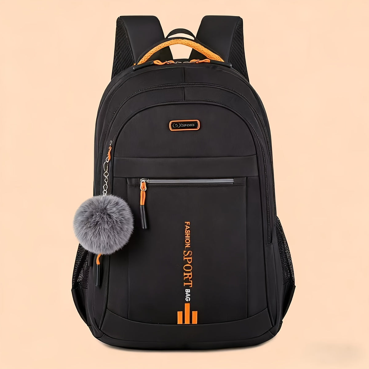 Travel Backpack with Plush Ball Pendant for Men and Women, Nylon Multi-Compartment Carry Bag with Adjustable Shoulder Straps in Black, Blue, Green or Orange