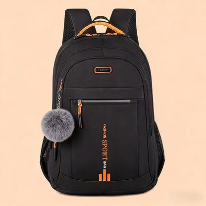 Travel Backpack with Plush Ball Pendant for Men and Women, Nylon Multi-Compartment Carry Bag with Adjustable Shoulder Straps in Black, Blue, Green or Orange