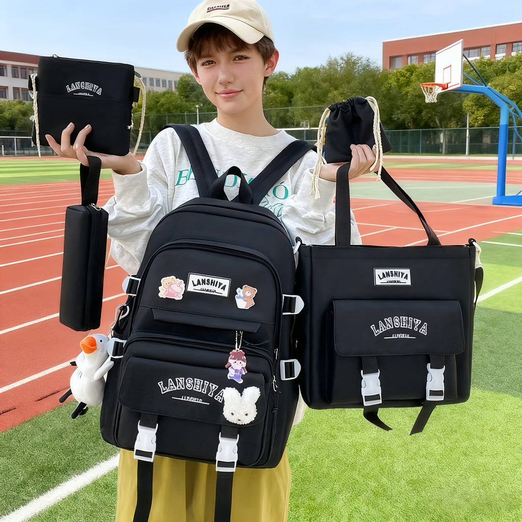 Solid-Color Canvas Backpack Set with Listed Five-Piece Format, Tote, Pencil Bag and Crossbody Wording, Four Pendant-Labeled Color Options for Student Daily Carry