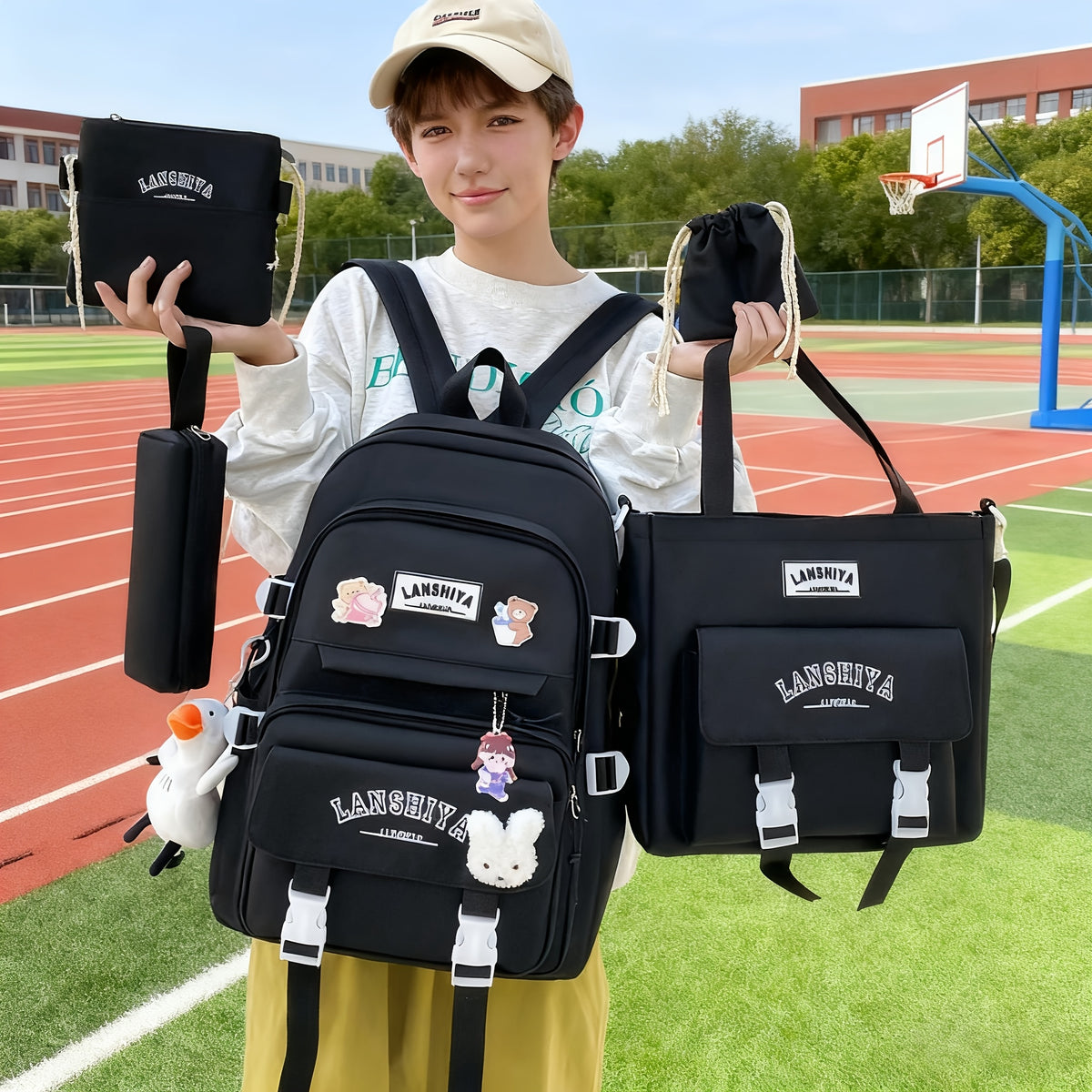 Solid-Color Canvas Backpack Set with Listed Five-Piece Format, Tote, Pencil Bag and Crossbody Wording, Four Pendant-Labeled Color Options for Student Daily Carry