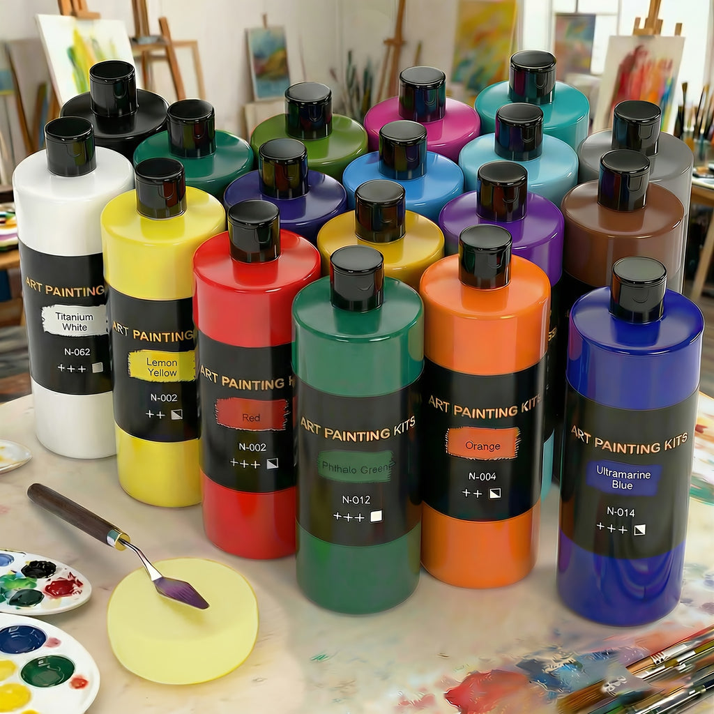 18-Color Acrylic Paint Set with Listed 8.45oz per Bottle, Painting Supplies for Canvas Studies, Decorative Ceramic and Fabric Crafts by Beginners and Hobby Artists