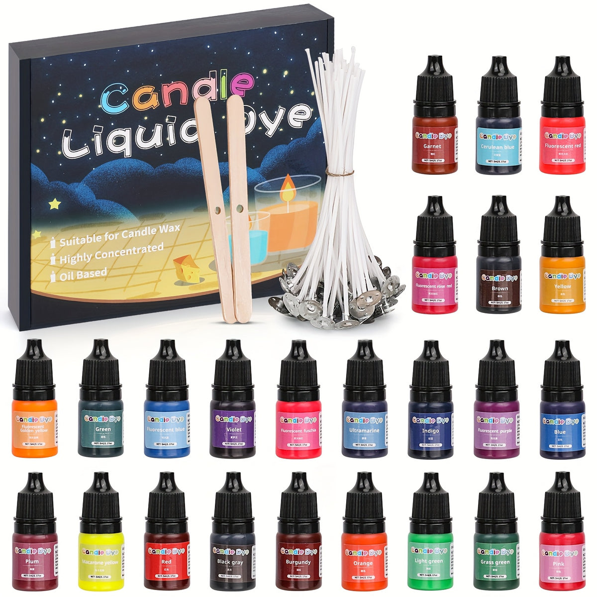 Oil Based Candle Dye Selection with Twenty-Four Listed Colors and Mixed Color Option, Craft Colorants with Soap Coloring Reference for Compatible Adult DIY Projects