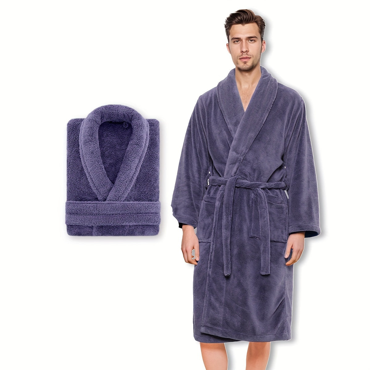 Coral Fleece Bathrobe for Men and Women with Shawl Collar, Adult Home Lounge Robe in S, M, L or XL Size Labels and Four A–D Color Selections