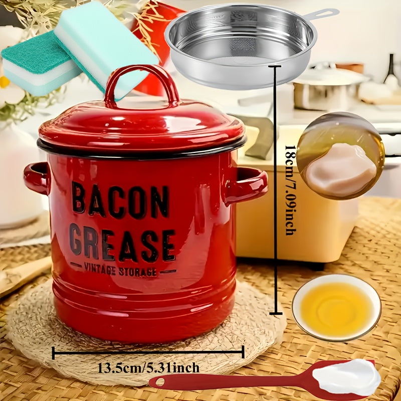 Bacon Grease Container with Lid for Kitchen Cooking Oil Storage, Red, Blue, White and Green Package Options with 12-Piece Labels and a Red No-Filter Two-Piece Set