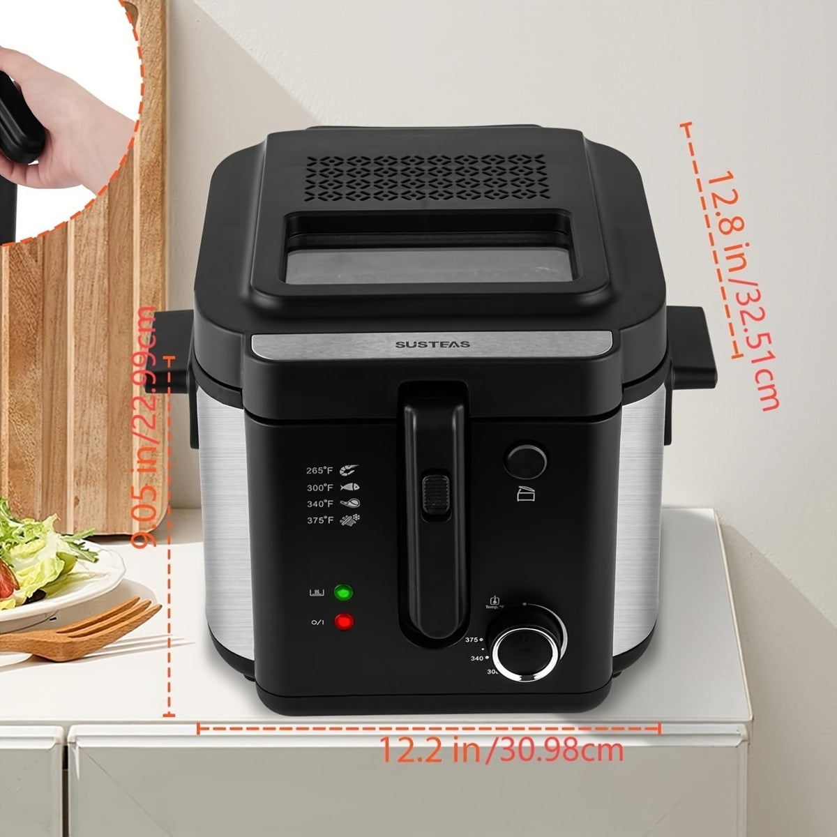 Temperature Control Deep Fryer by SUSTEAS with Basket and Listed 1500W Heating, Black Countertop Electric Fryer in 1.5L, 2.5L, 5L or 6L Home Kitchen Options
