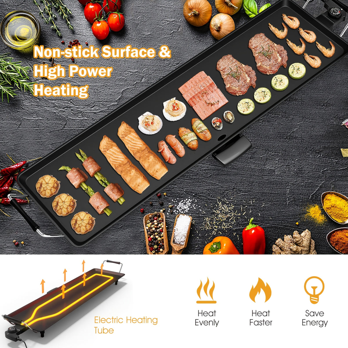 Electric Griddle 35-Inch Extra-Long Nonstick Grill with Adjustable Temperature and Drip Tray for Pancakes, Steaks and Family Meals, Gift Bag Included