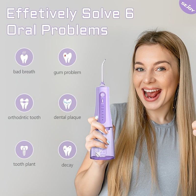 SEJOY Cordless Water Flosser with Five Listed Modes and Eight Nozzles, 11.83oz Oral Irrigator with 1200mAh Battery and IPX7 Wording, Purple or Pink for Home and Travel