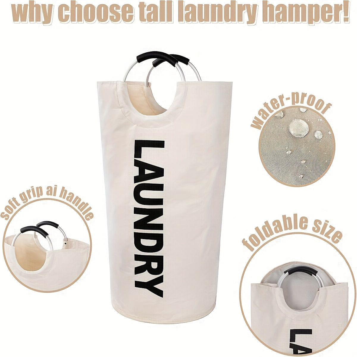 Half-Ring Handle Laundry Basket, Foldable Fabric Clothes Hamper in 16.64, 21.66 or 25.1 gal Options for Bedroom and Laundry Room Organization