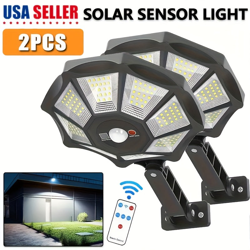 Octagonal Solar Motion Sensor Wall Lights, 2-Pack with 168-LED Design, 6500K Cool White Light, Remote Control and Three Lighting Modes for Yard and Barn