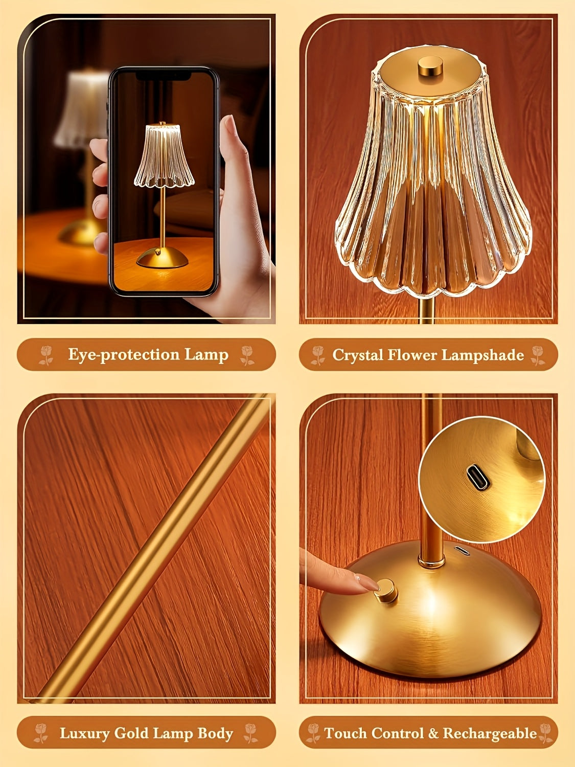 Retro Mini Table Lamp Set of 2 in Golden Finish, USB Rechargeable 12-Inch LED Lights with Three-Color Touch Control, Non-Dimmable Dining Decor