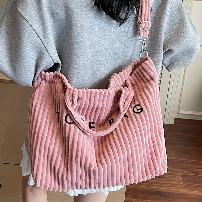 Large Capacity Corduroy Tote Bag for Women with Adjustable Shoulder Strap, Letter Pattern and Contrast Design for Work and Casual Crossbody Wear