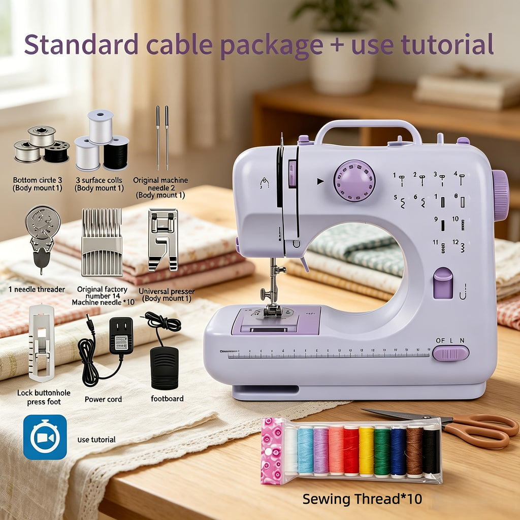 Electric Home Sewing Machine in Light Purple with Listed 12 Stitch Settings, Reverse Sewing, Thread Winding, Tension Dial and Sewing Light for DIY Fabric Projects