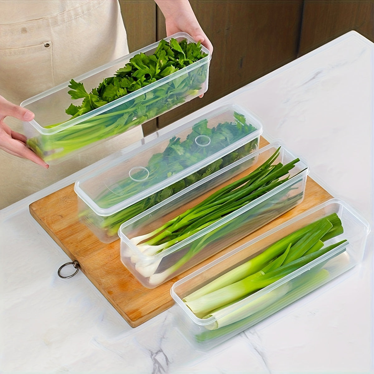 Rectangular Refrigerator Food Containers with Lids, Listed 4-Pack Reusable BPA-Free Plastic Organizers for Onions, Herbs, Garlic, Noodles and Eggs, Hand Wash Care