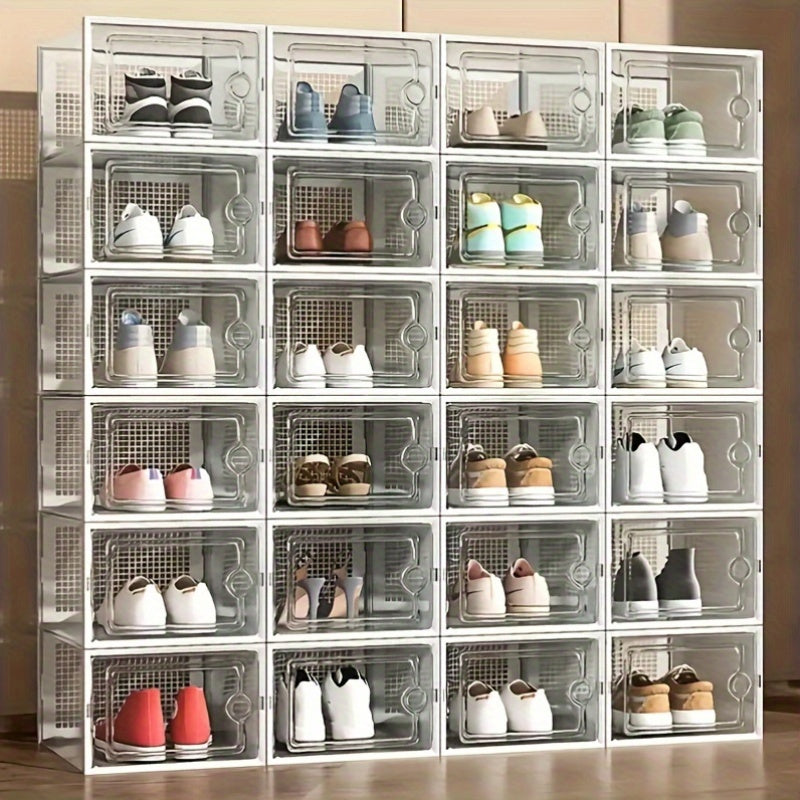 Transparent Shoe Storage Boxes with Lids, Foldable Stackable Plastic Footwear Organizers in White 12-Piece or Gray 12- and 24-Piece Options for Home Storage