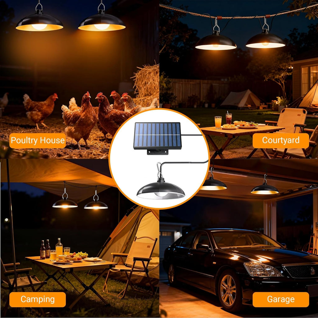 Solar Chicken Coop Pendant Light Set with Two Lamps, Remote, 3/5/8-Hour Timer, Listed 2400mAh Battery and 16.4ft Cord in White Light or Warm Light Options