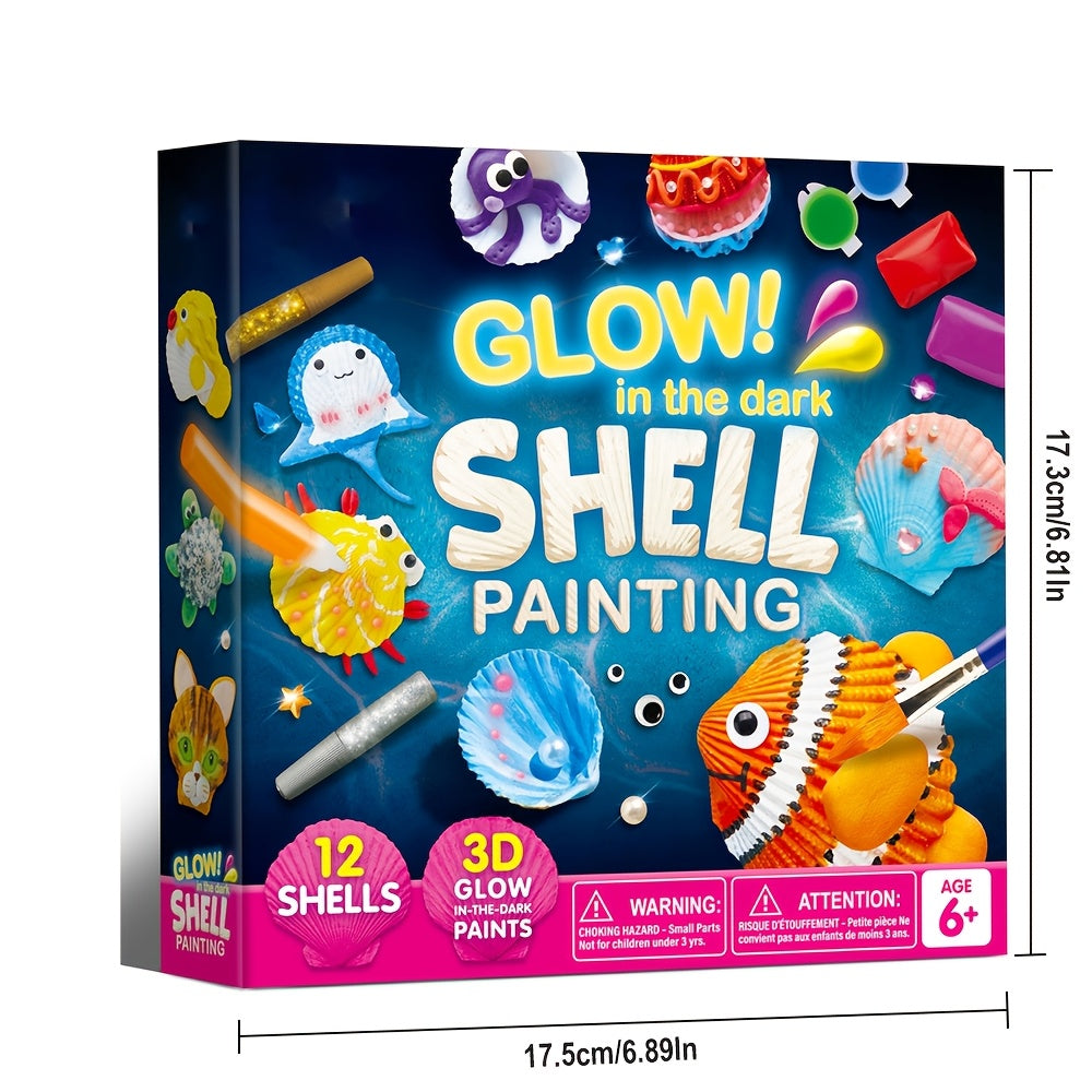 Seashell Painting Kit by SYNCFUN, 12-Shell Ocean Craft Set with 4 Glow-in-the-Dark Paint Bottles and 4 Brushes for Ages 6–12 Supervised Art Activities