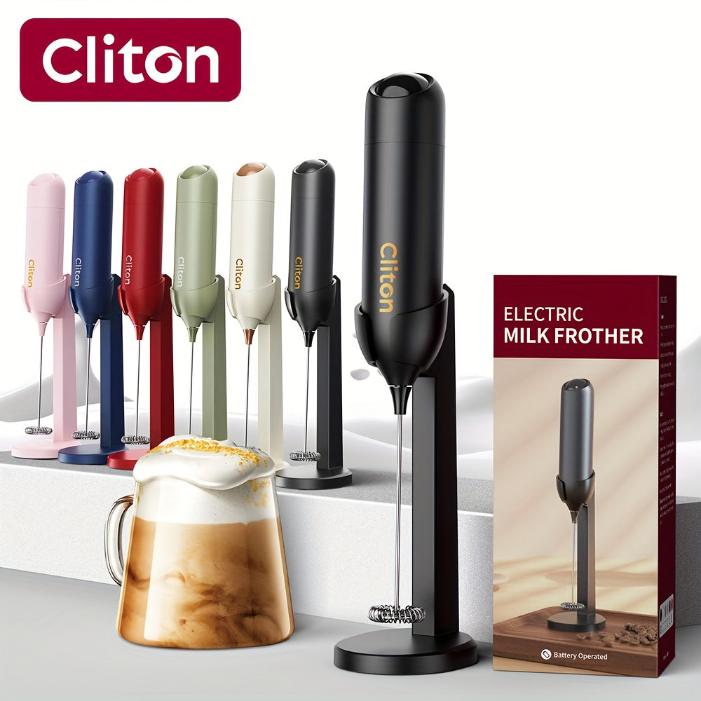 Handheld Milk Frother by CLITON, Battery-Powered 304 Stainless Steel Whisk for Coffee and Tea in Black, White or Green with Single or ABS Stand Options
