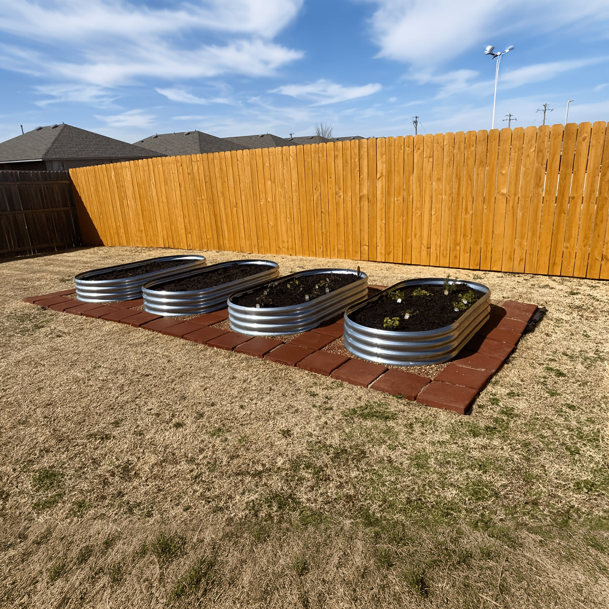 Metal Raised Garden Bed Kits with Galvanized Oval Planter Wording, Listed 4x2x1ft and 8x4x1ft Multipack Options plus Single-Bed Label for Outdoor Garden Planning