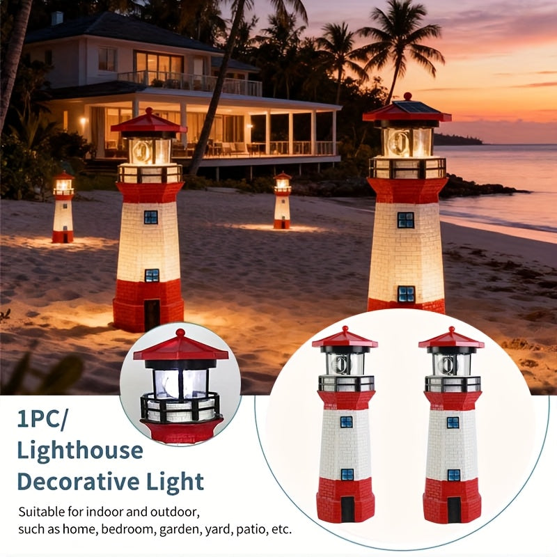 Rotating LED Solar Lighthouse with Built-In Solar Panel and Automatic Night Lighting Wording, Upgraded Model Label for Nautical Garden and Patio Decoration