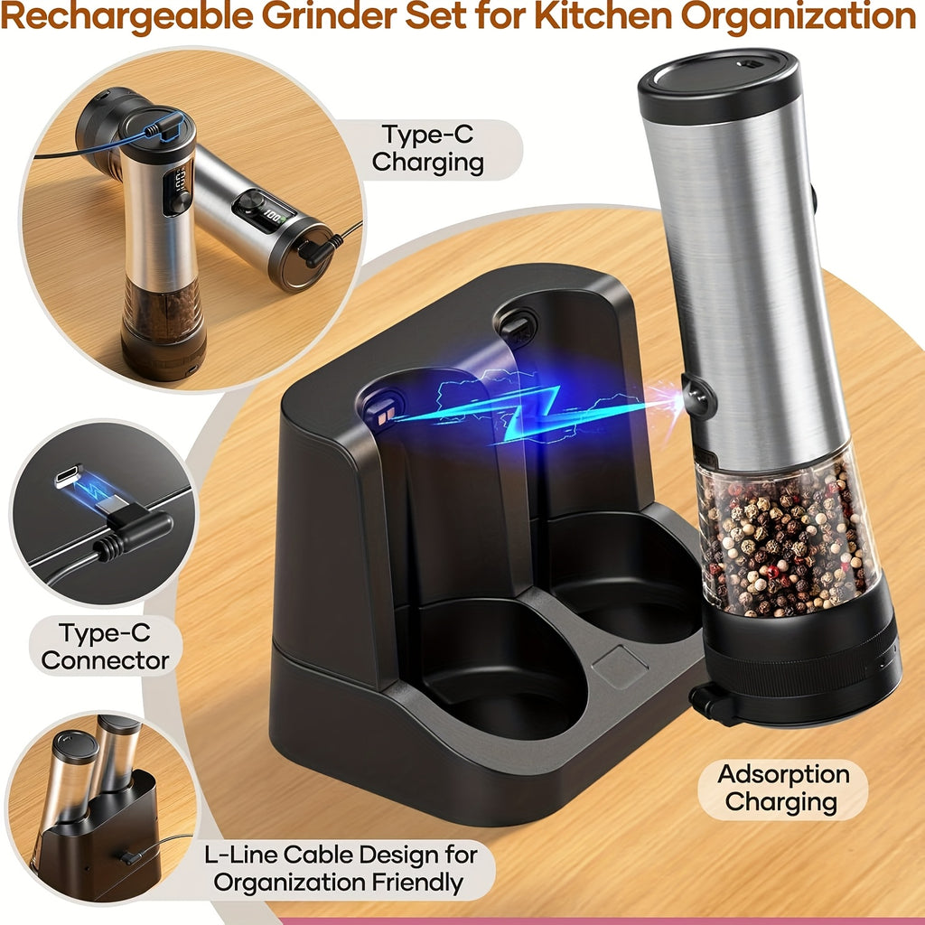 Rechargeable Salt and Pepper Grinder with Adjustable Coarseness and LED Display, 3-in-1 Silvery Black or 6.76oz Double Barrel Options for Kitchen Seasoning