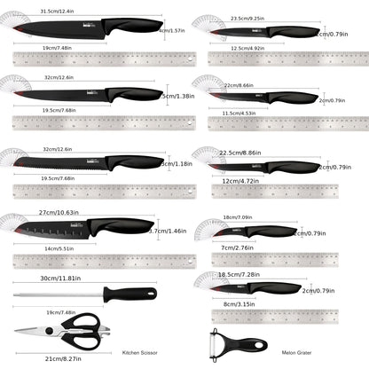 Hammered Kitchen Knife Set in Stainless Steel with Listed Wooden Handles, Storage Block and Sharpener for Home Cooking, 15-PCS or 20-PCS-Black Options