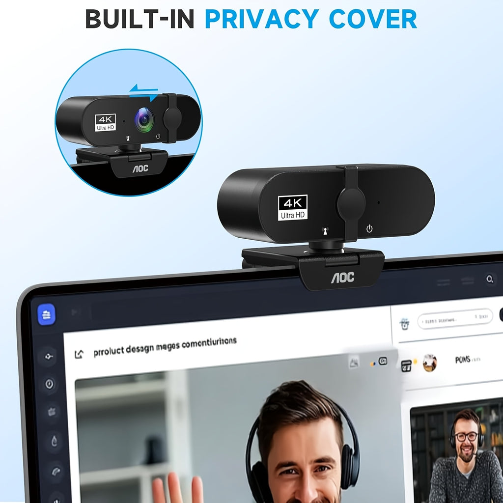 AOC 4K USB Webcam in Starry Black with Microphone, Noise Cancellation, Privacy Cover and 99 Degree Field of View for PC Meetings and Live Streaming