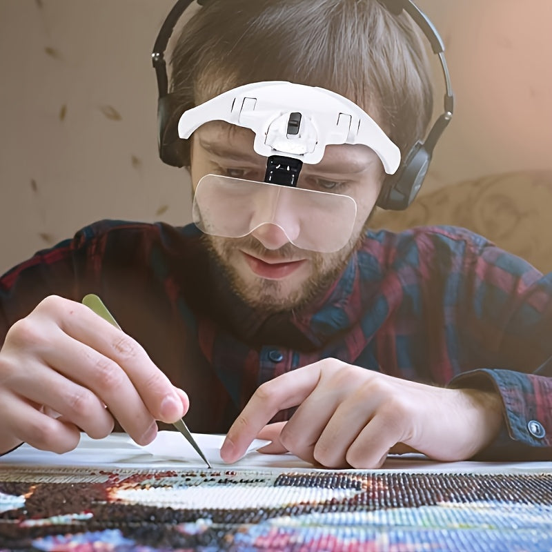 LED Head Magnifier in White with Adjustable Headband and Five Interchangeable Lenses from 1X to 3.5X for Reading, Jewelry Crafts, Models and Detail Inspection