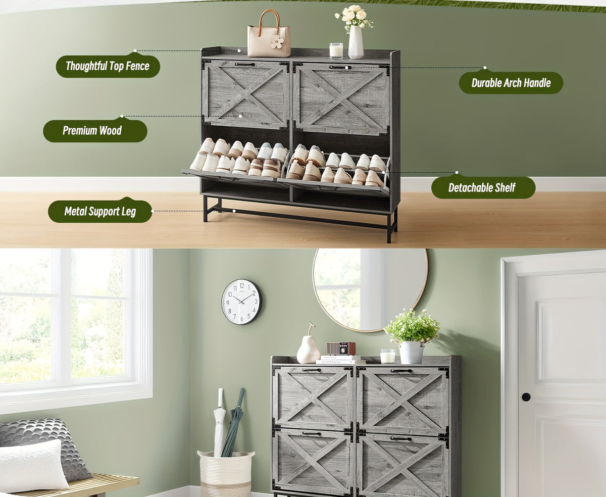 Shoe Storage Cabinet for Entryway and Hallway Organization, Black Upgrade or White Two, Three and Four-Door Options with Listed Flip-Drawer Storage Features