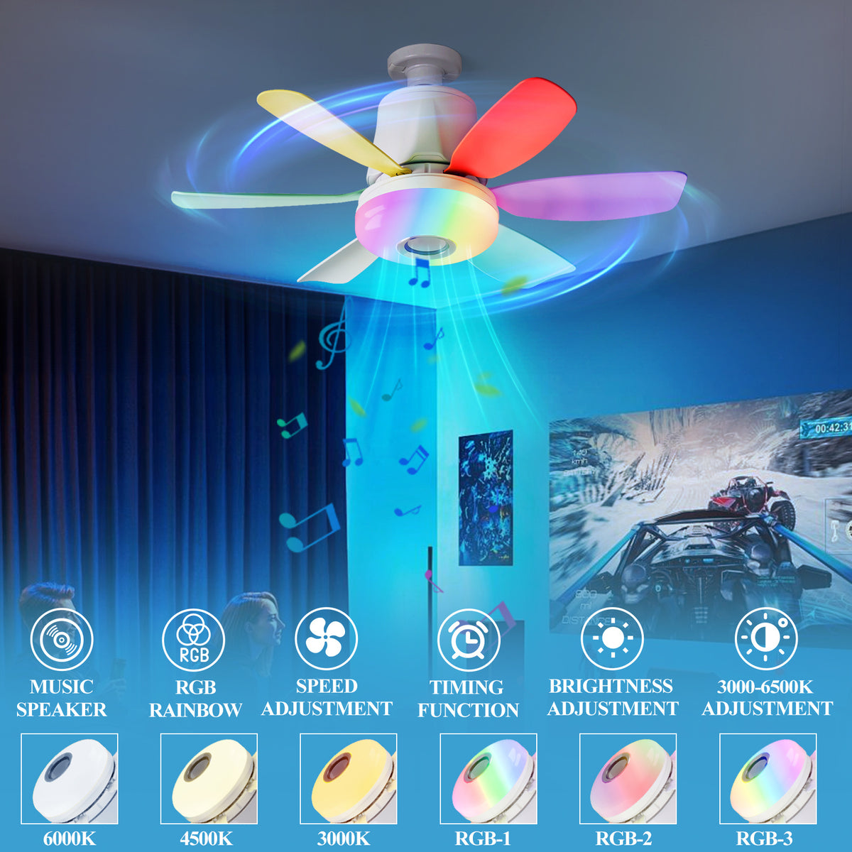 RGB Speaker Ceiling Fan Light with E26/E27 Socket Base, Remote Control, 3 Fan Speeds, Dimmable 3000K–6500K White Lighting and Music Rhythm Effects