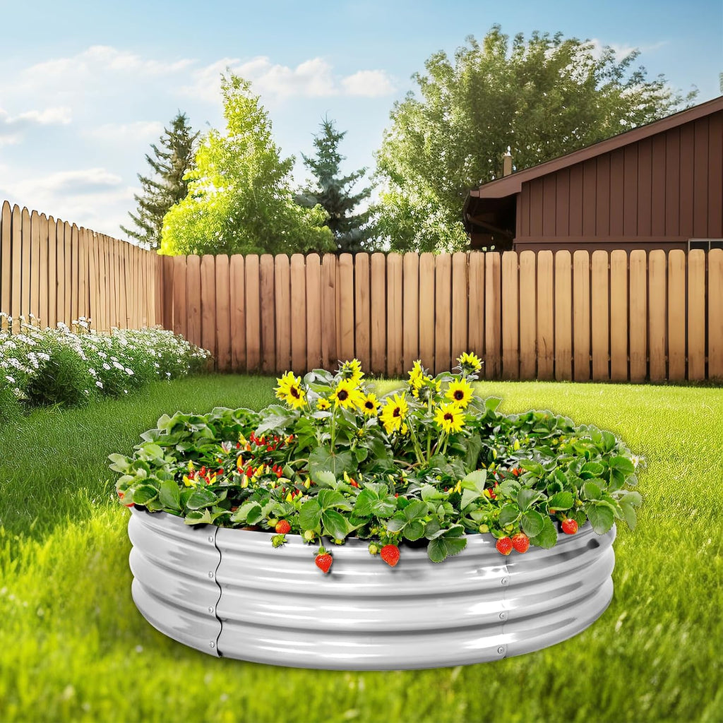 Galvanized Garden Planter Set with Listed Shovel, One or Two Metal Raised Beds with Oval or Round Design References for Outdoor Vegetable Gardening
