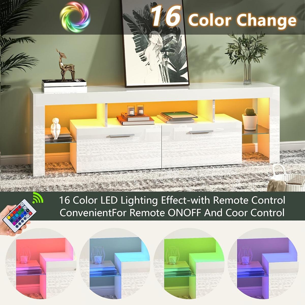 Black LED TV Stand with Listed 51-Inch Length and Single Storage Drawer, Modern Entertainment Media Console for Living Room, Bedroom and Game Room Organization