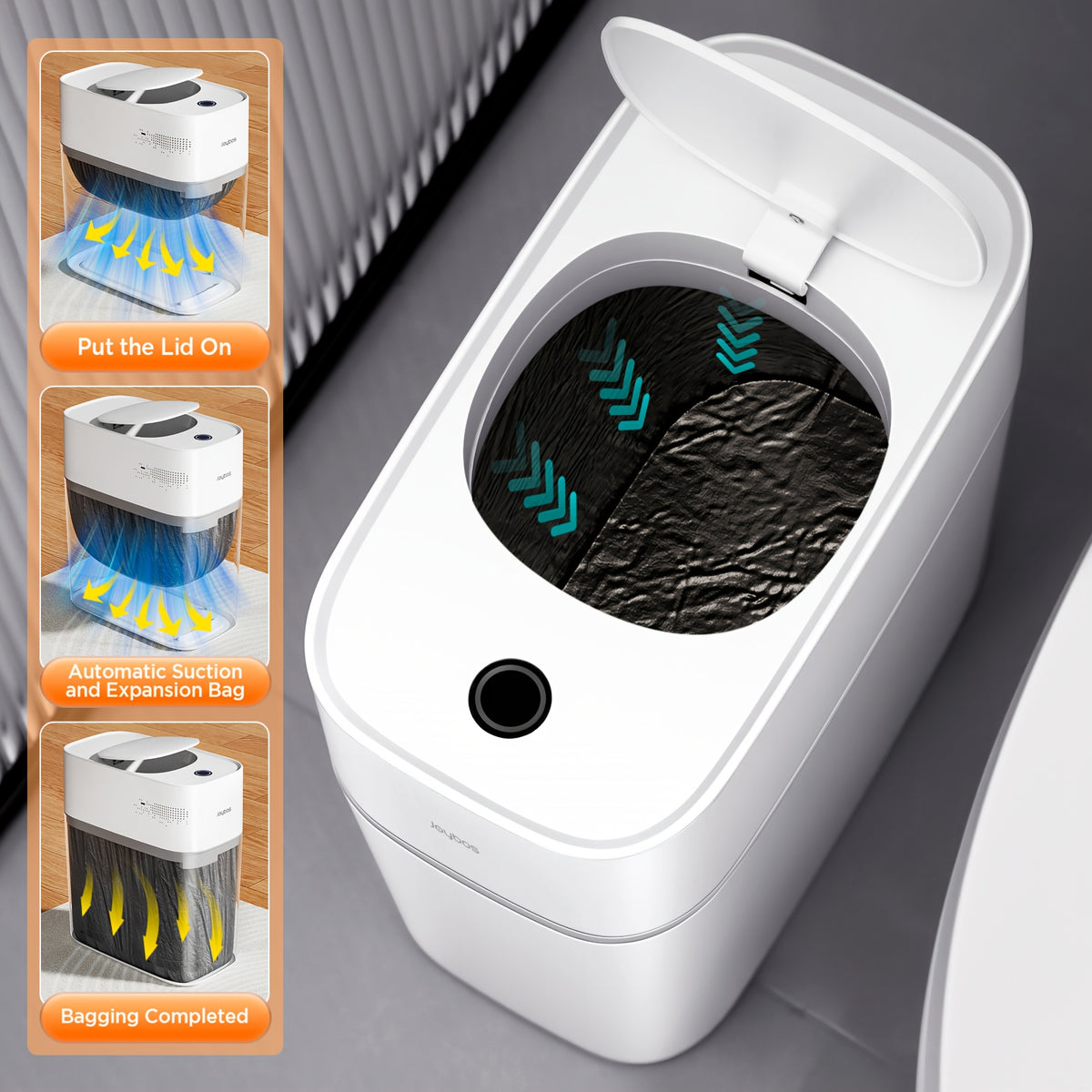 Touchless Smart Trash Can with Big Lid, Listed 14L Capacity, Infrared Motion Sensor and Air-Assisted Bag Fitting, ABS and PP Bin, Four AA Batteries Required
