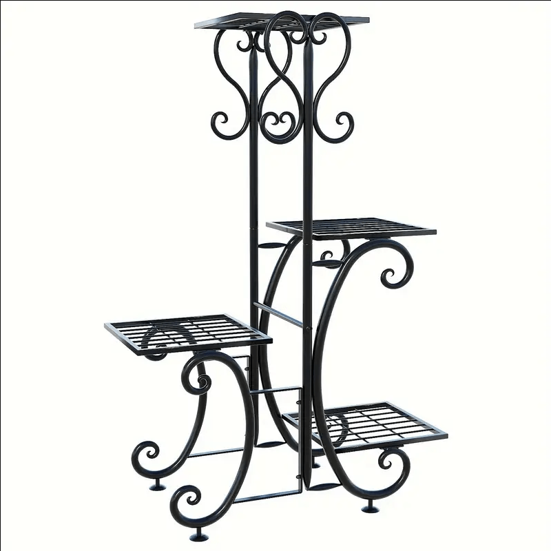 Metal Plant Stand with Listed Four-Tier Flower Pot Display, Decorative Curves and Adjustable Foot Pads in 940 Black or 941 Black Options for Home and Balcony Decor