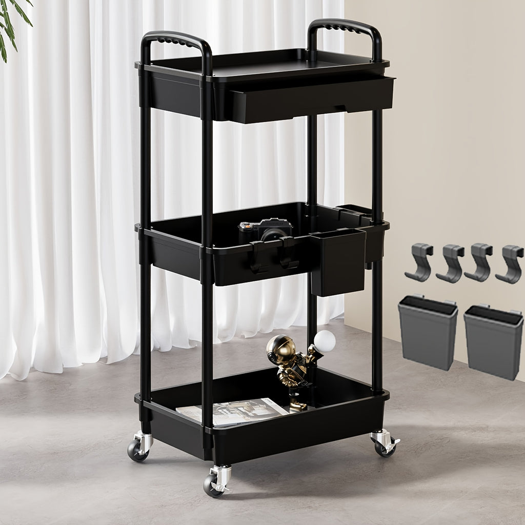 Three-Tier Rolling Storage Cart with Drawer, Plastic Organizer with Lockable Wheels, Listed Cup Holders and Hooks in Five Colors for Kitchen, Bathroom and Office