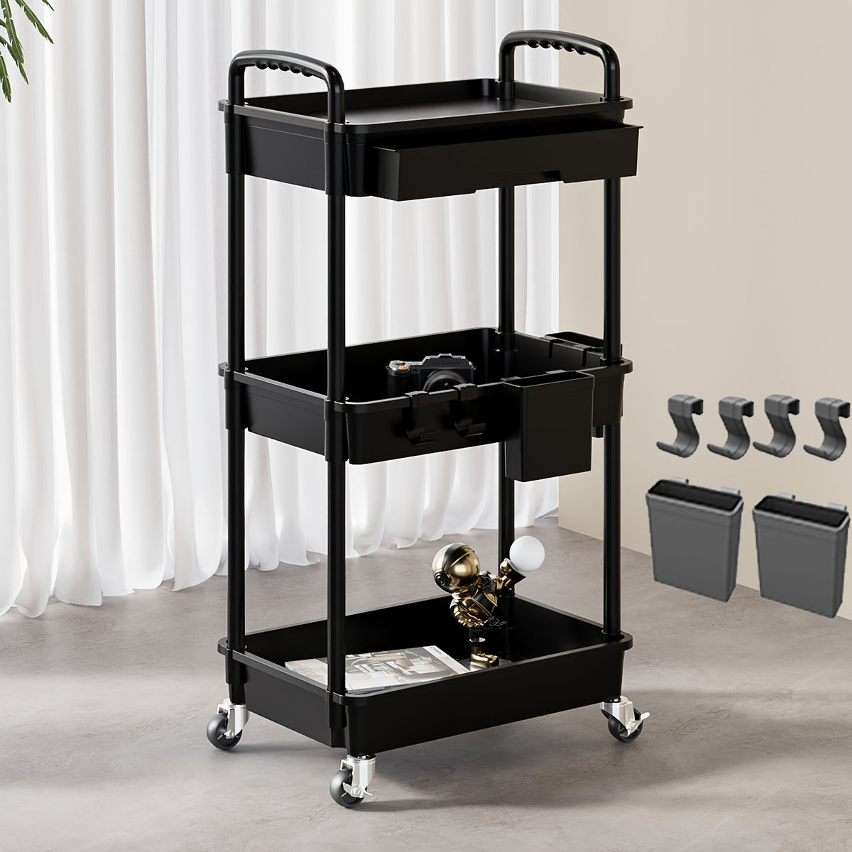 Three-Tier Rolling Storage Cart with Drawer, Plastic Organizer with Lockable Wheels, Listed Cup Holders and Hooks in Five Colors for Kitchen, Bathroom and Office
