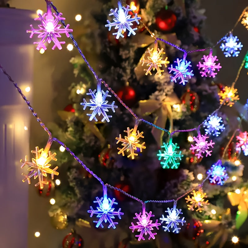 Snowflake LED String Lights for Christmas and Winter Party Decor, Warm White or Multicolor Options with 10, 20 or 40 LEDs, Batteries Not Included