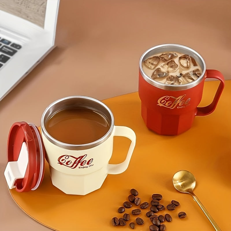Double-Layer Insulated Coffee Mug with Lid in Grey White, Single Covered Cup for Hot and Cold Drinks, Everyday Beverage Breaks and Coffee Lover Gifts