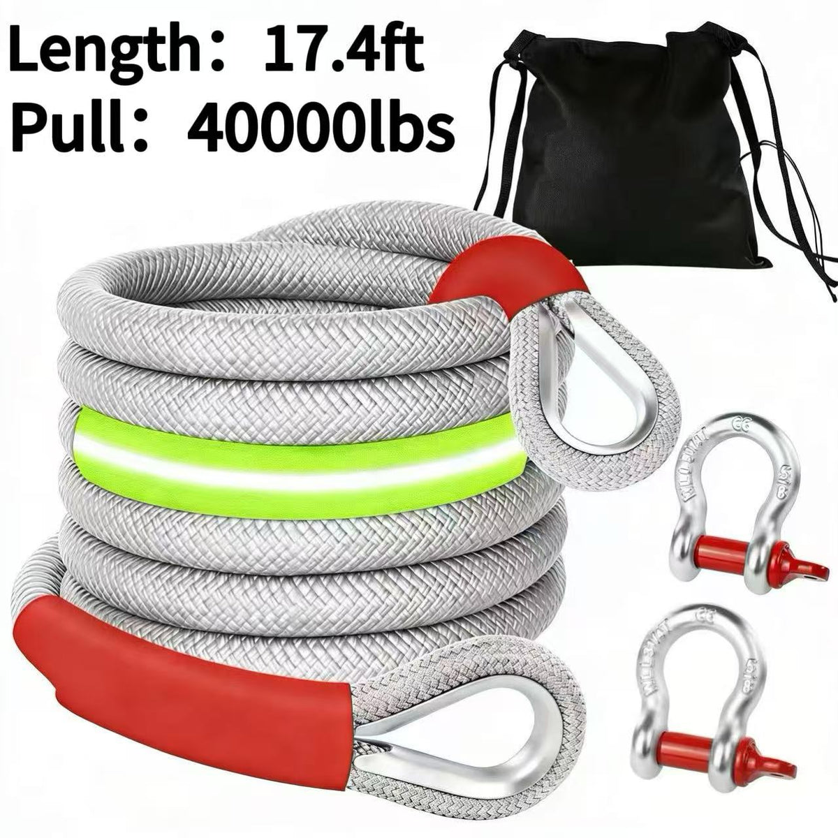 Polyester Recovery Tow Strap in Multiple Length Options, Static Vehicle Strap with Listed D-Ring Shackles, Reflective Flag and Storage Bag Accessories