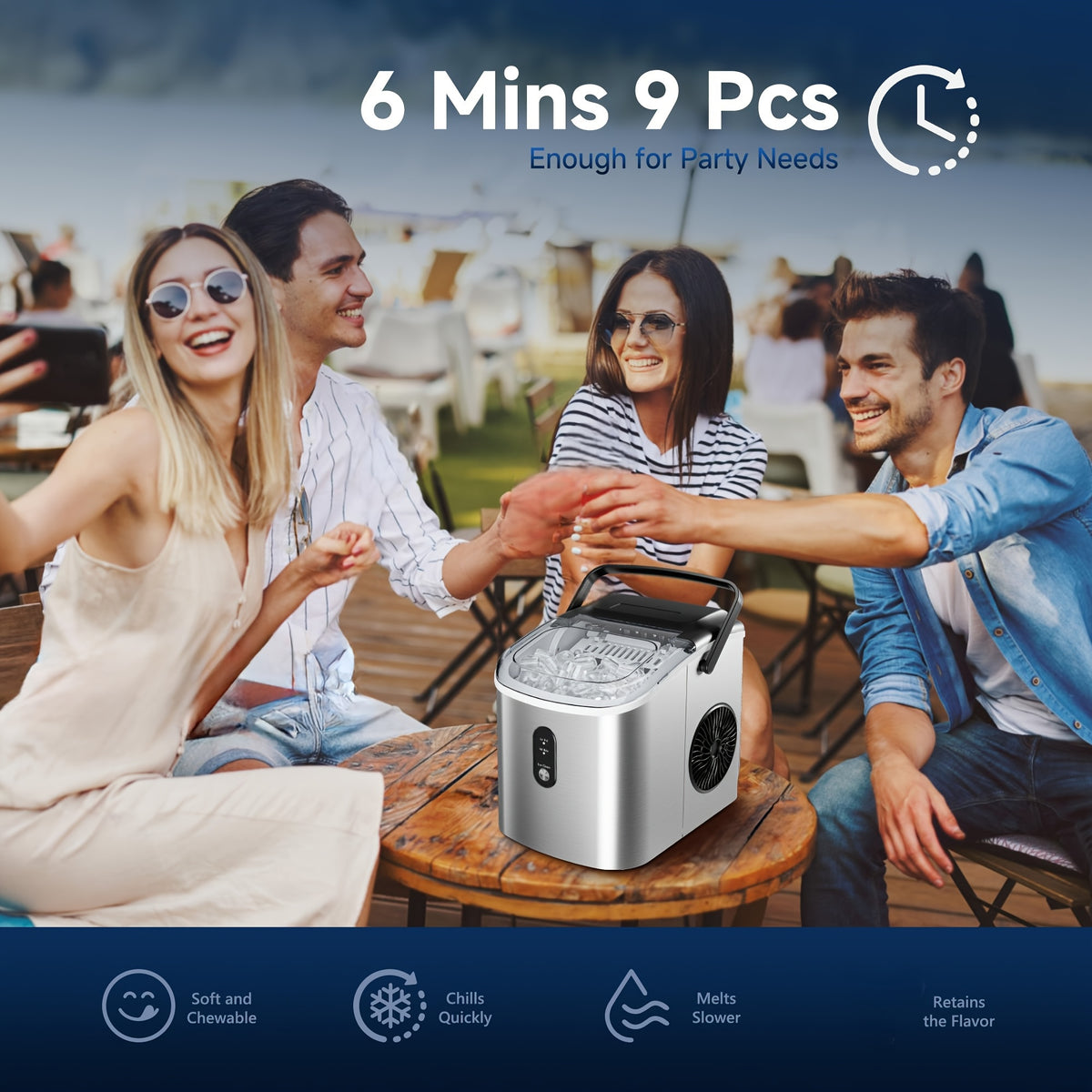 Carry-Handle Countertop Ice Maker with Bullet or Nugget Ice Option Labels, Self-Cleaning Wording, Basket and Scoop for Kitchen and Office Drink Preparation