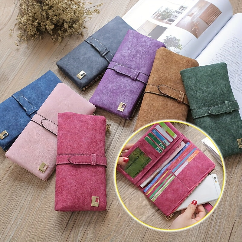 Womens Long Wallet Clutch with Photo Window and Credit Card Organizer, Solid Color Everyday Accessory in Green, Pink, Brown, Dark Blue, Rose Red, Purple or Gray